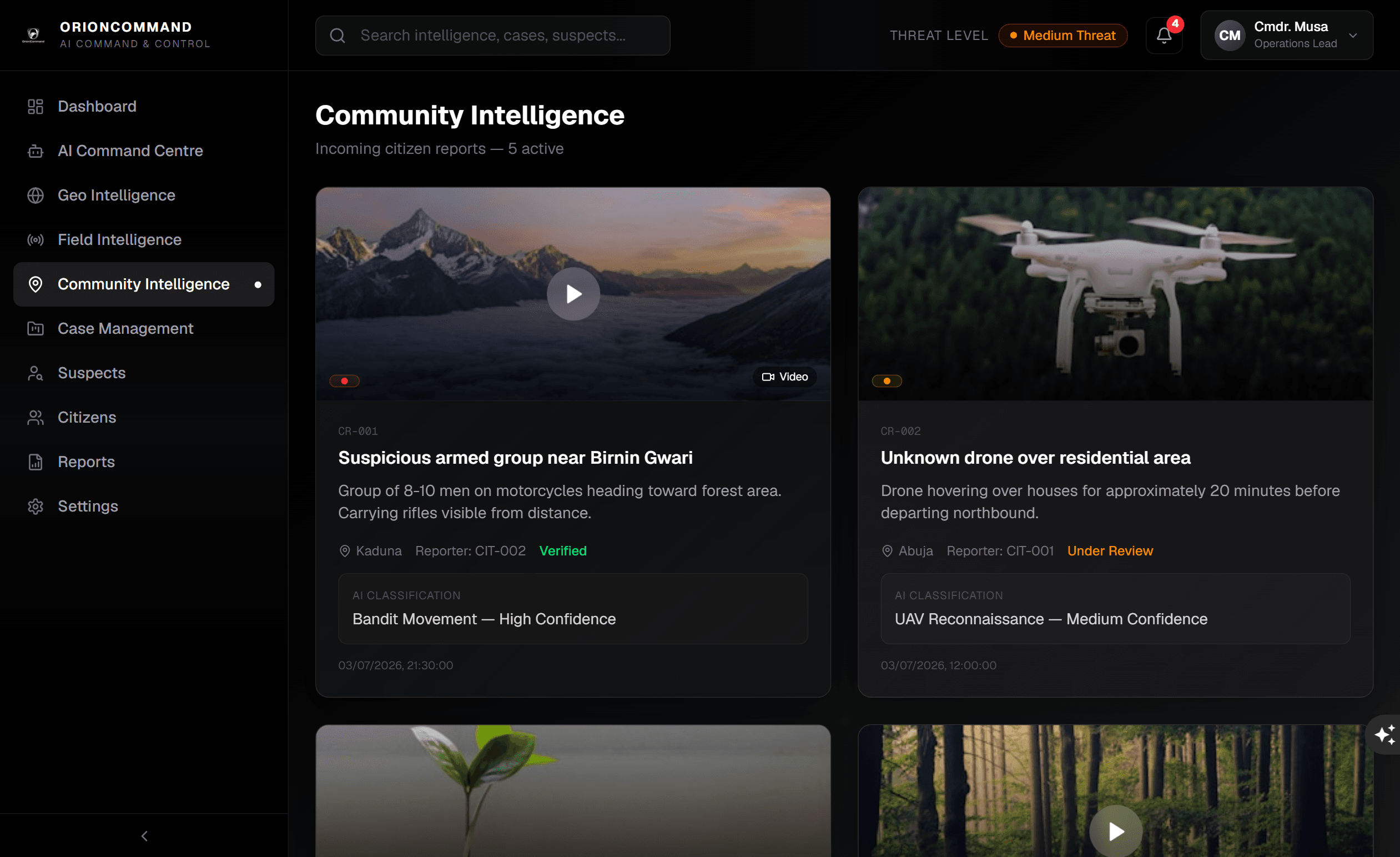 OrionCommand community intelligence interface with verified field reports